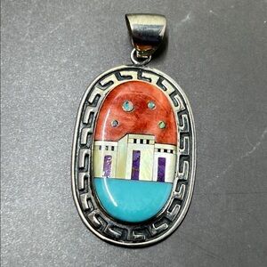 Sterling Southwestern Native American Village Inlaid Pendant